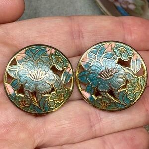 Cloisonné vintage clip earrings, gold, teal, pink flowers